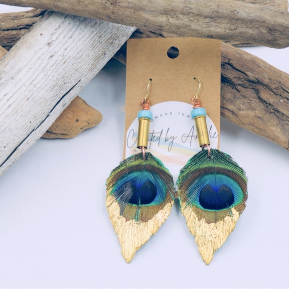 Hand Crafted Jewelry - Hand Made Peacock Feather and Leather Earrings